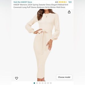 HAEOF Womens Sweater DressElegantRibbedKnitCrewneck Long PuffSleeve BodyconMidi